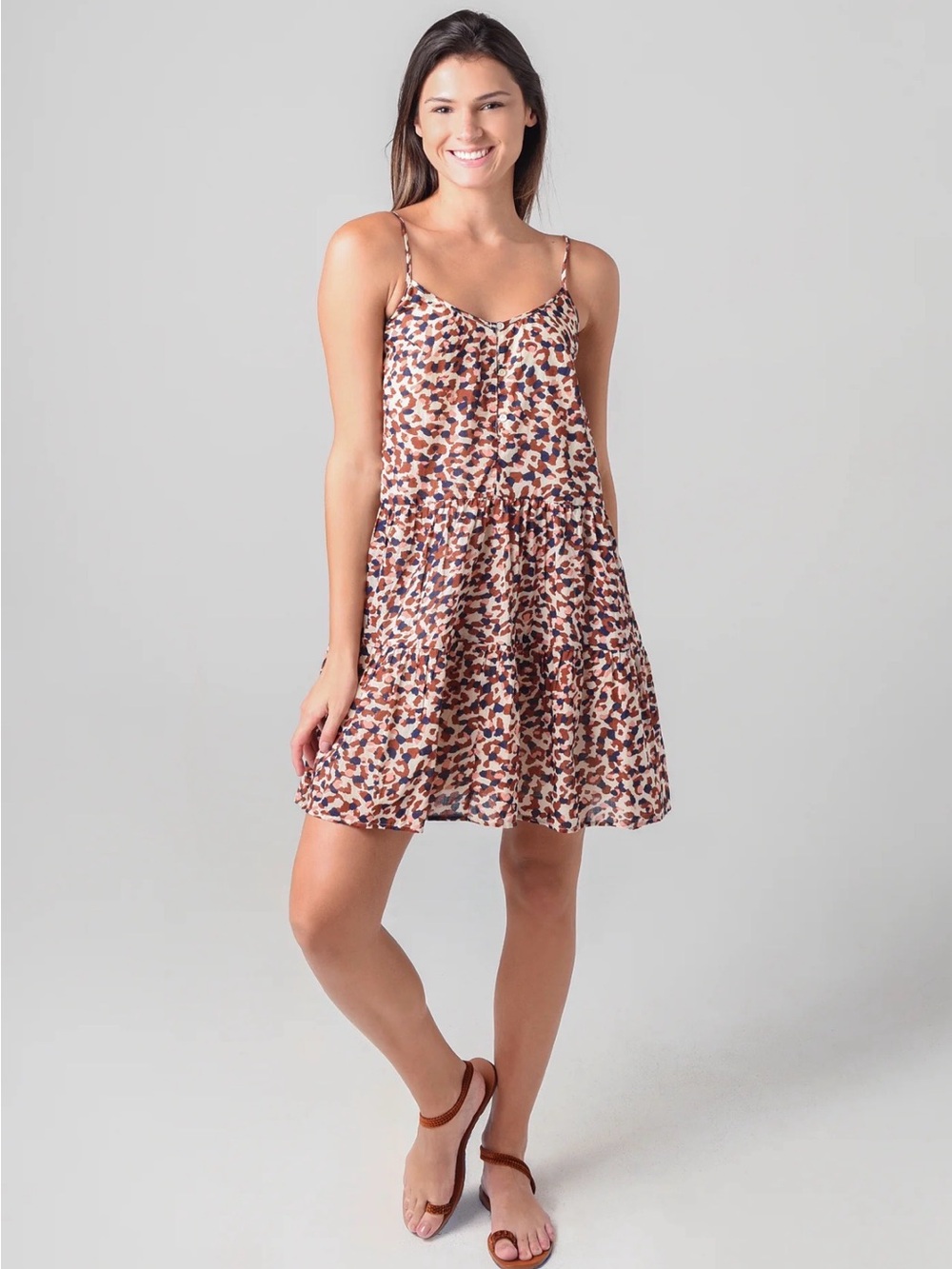 Velvet by Graham & Spencer Beige & Brown Printed Spaghetti-Strap Mini Dress